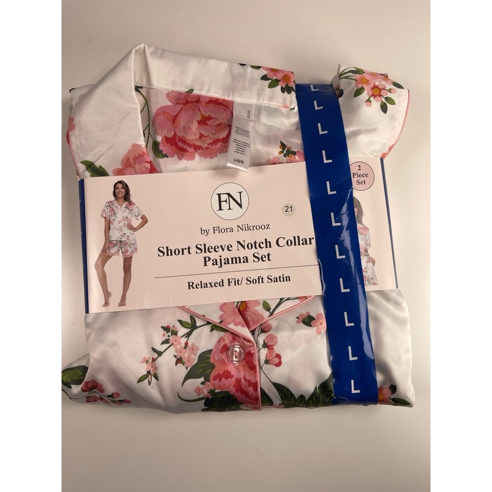 FN by Flora Nikrooz Satin notch collar Pj 2- Piece Set  - L